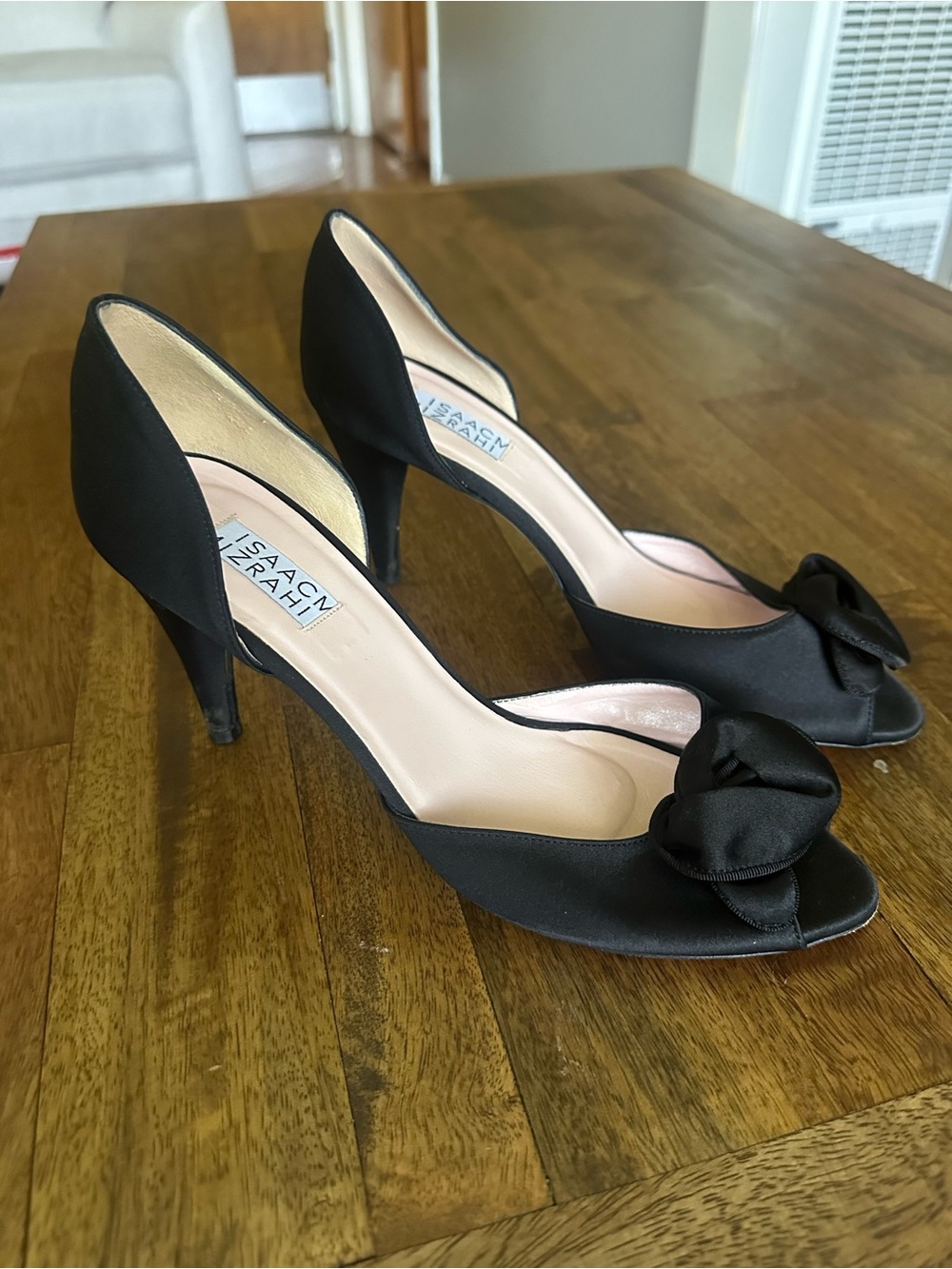 Isaac Mizrahi Black Satin Peep-Toe Heels with Bow Accent